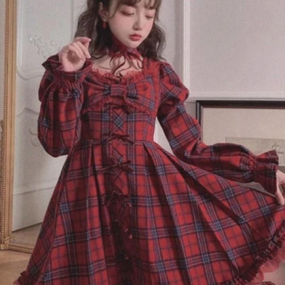 Bobon21 Red Tartan OP Dress + Choker Set